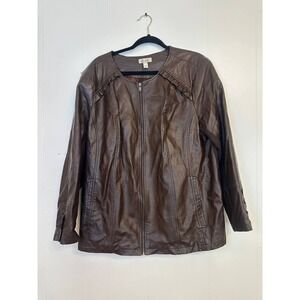 d&co Denim Company Brown Faux Leather Jacket with Ruffle Detail Women's XL